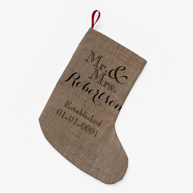 Personalized Burlap-Look Rustic Wedding Keepsake Small Christmas Stocking (Front (Hanging))
