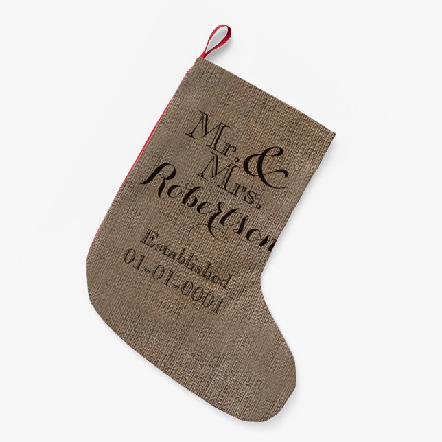 Personalized Burlap-Look Rustic Wedding Keepsake Small Christmas Stocking (Front (Hanging))