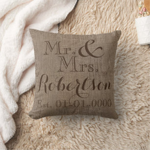 Personalized Burlap-Look Rustic Wedding Keepsake Throw Pillow