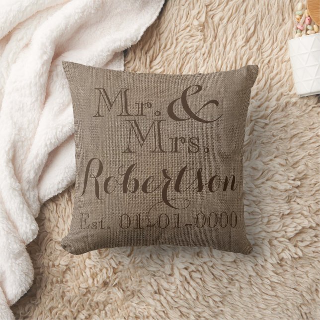 Personalized Burlap-Look Rustic Wedding Keepsake Throw Pillow (Blanket)