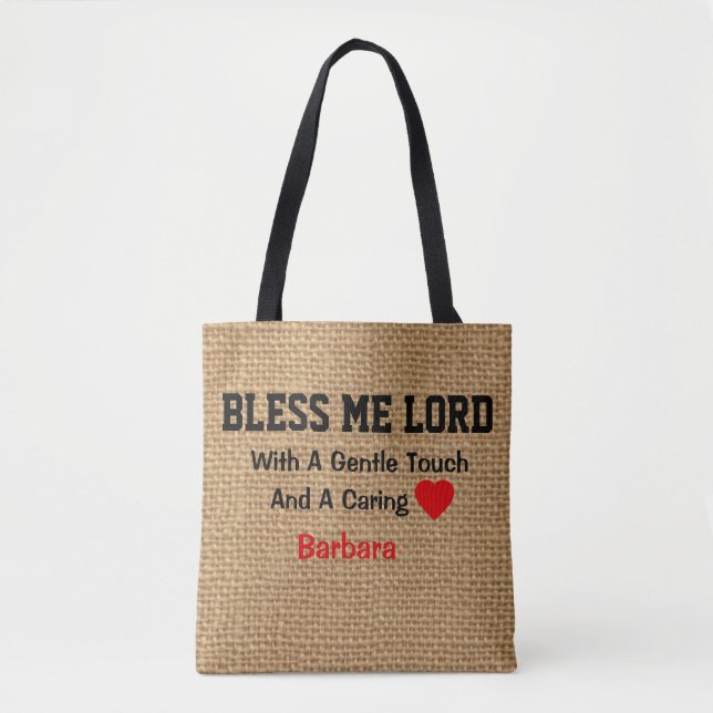 Personalized  Burlap Print Prayer  for Nurses Tote Bag (Front)