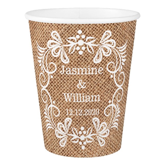 Personalized Burlap Rustic Wedding Paper Cup (Front)
