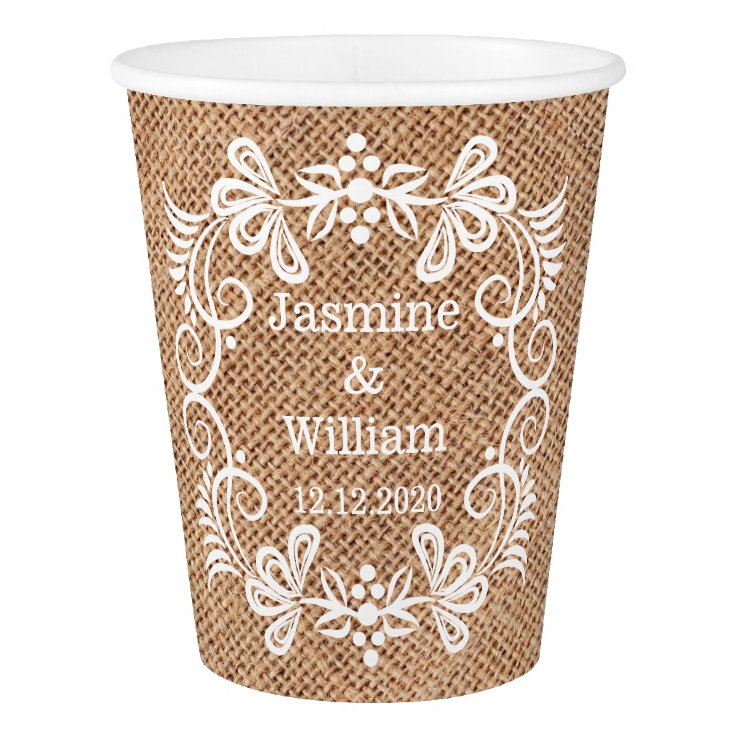 Personalized Burlap Rustic Wedding Paper Cup | Zazzle