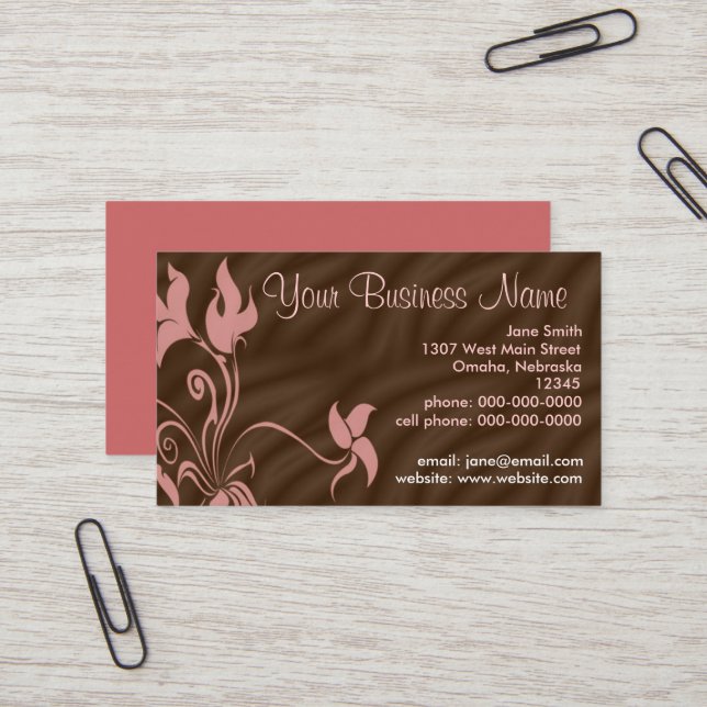 Personalized Business Cards, Feminine Pink / Brown Business Card (Front/Back In Situ)