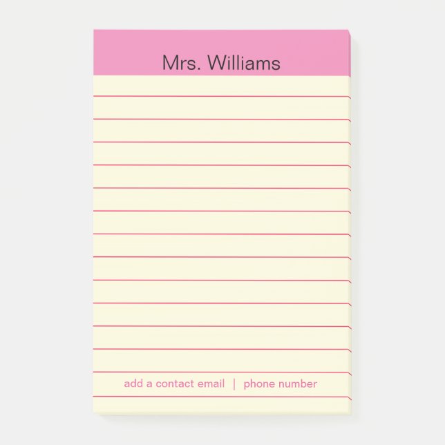 Personalized Business lines Pink Stripe Teacher Post-it Notes (Front)