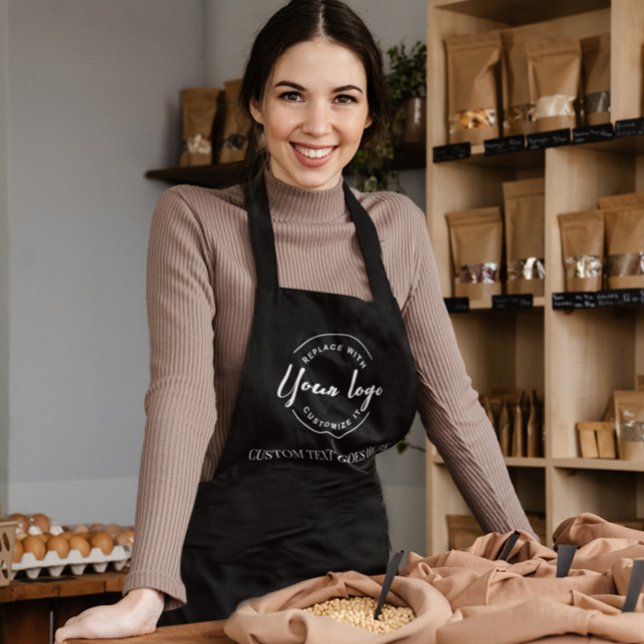 Personalized business logo cafe staff apron (Custom logo and text on black apron. Easy to use template.)