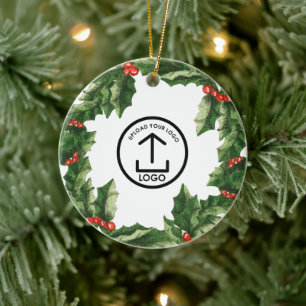 Personalized Business Logo Holly Cherry Corporate Ceramic Ornament