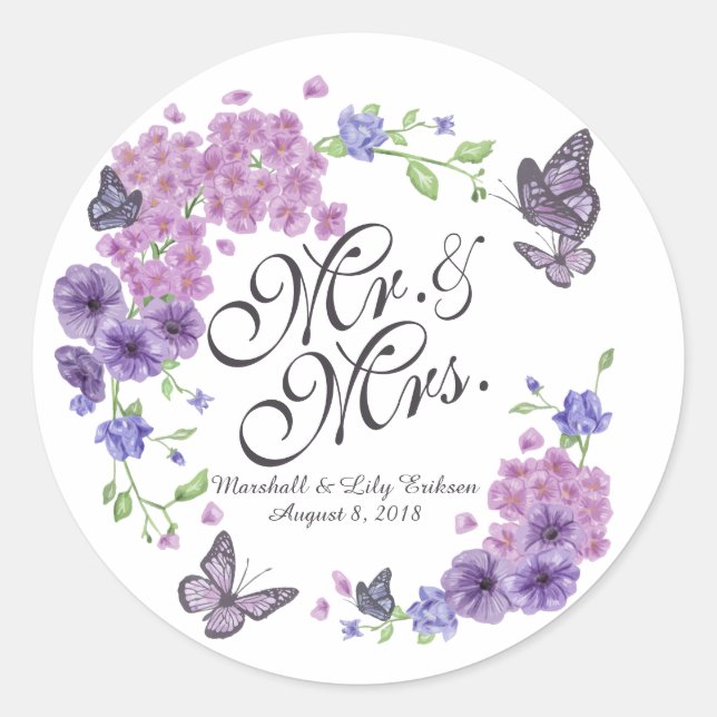 Personalized Butterflies Floral Wedding Sticker (Front)