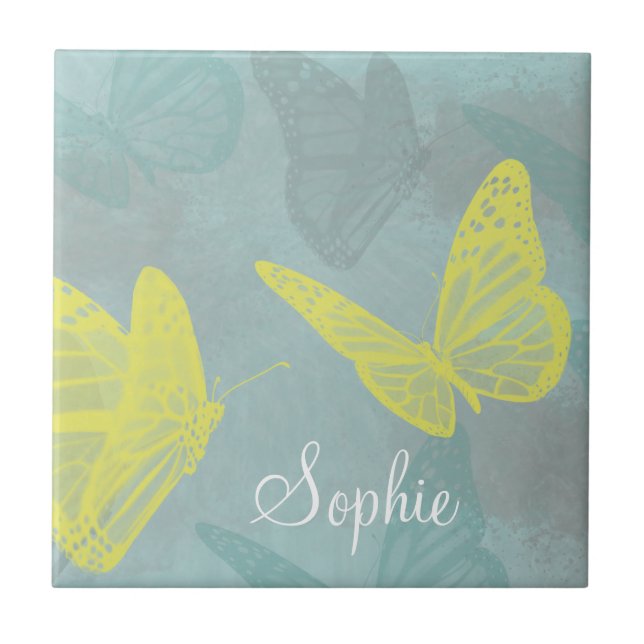 Personalized Butterflies Grunge  Ceramic Tile (Front)