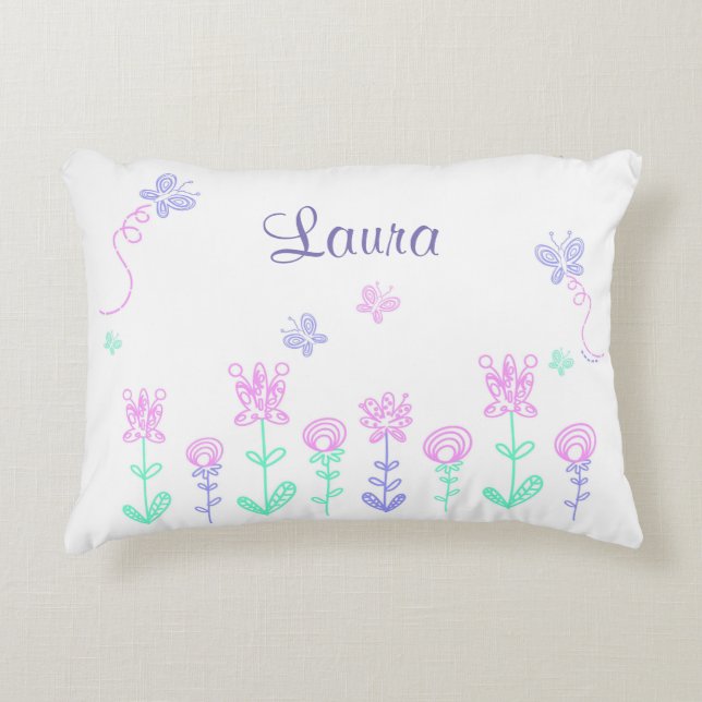 Personalized Butterfly and Flower Pink & Purple Decorative Pillow (Front)