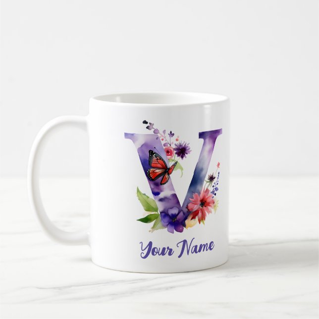 Personalized Butterfly and Flowers  Letter "V" Coffee Mug (Left)
