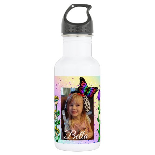 Personalized Butterfly and Flowers Photo and Name Stainless Steel Water Bottle