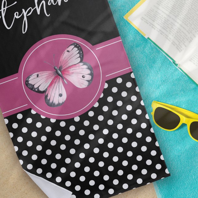Personalized Butterfly Black Pink White Polka Dots Beach Towel (Creator Uploaded)