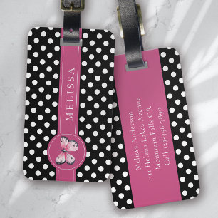 Personalized Butterfly Black Pink White Polka Dots Luggage Tag