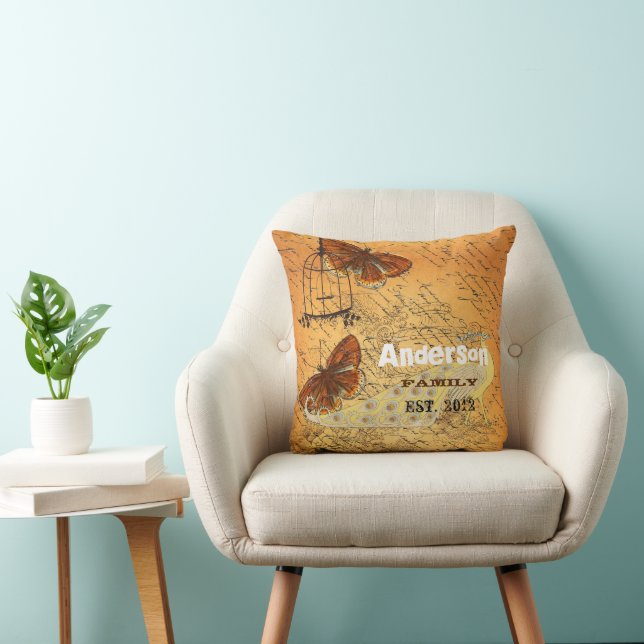 Personalized Butterfly Ephemera Urn & Birdcage Throw Pillow (Chair)