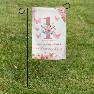 Personalized Butterfly Floral First Birthday Gift Garden Flag