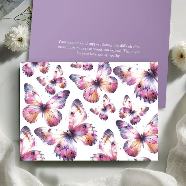 Personalized Butterfly Funeral Thank You Cards (Butterfly funeral thank you cards watercolor purple butterflies by Victoria Grigaliunas)