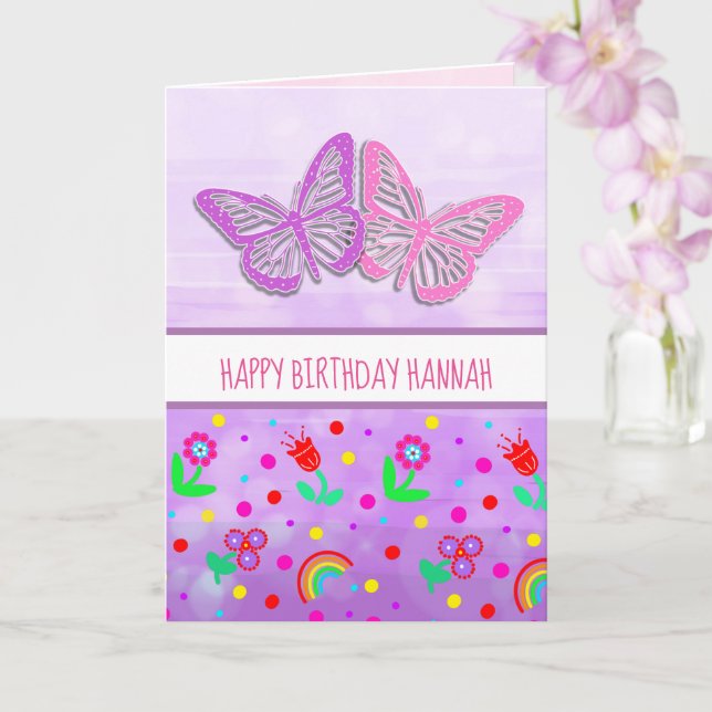 Personalized Butterfly Girl's Happy Birthday   Card (Orchid)