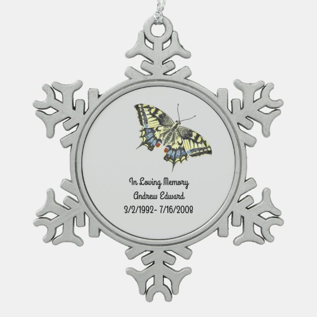 Personalized Butterfly Memorial Snowflake Pewter Christmas Ornament (Front)
