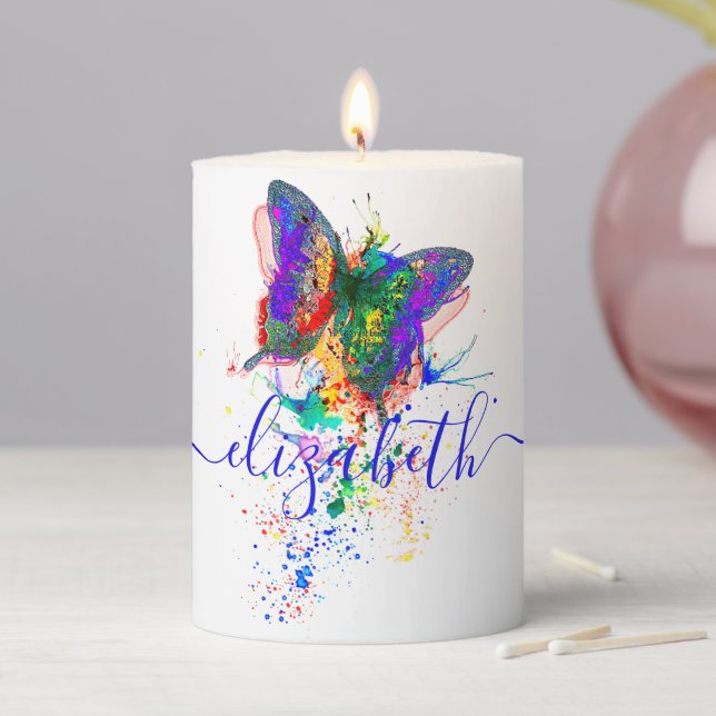 Personalized butterfly splatter   pillar candle (In Situ)