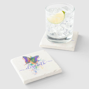 Personalized butterfly splatter   stone coaster