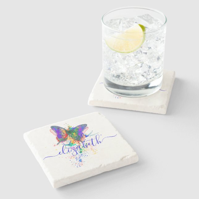 Personalized butterfly splatter   stone coaster (Side)