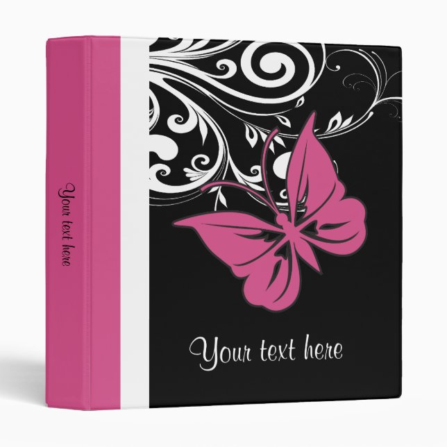 Personalized Butterfly Swirls Cranberry Pink 3 Ring Binder (Front/Spine)