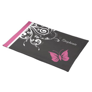 Personalized Butterfly Swirls Cranberry Pink Cloth Placemat