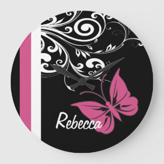 Personalized Butterfly Swirls Cranberry Pink Large Clock