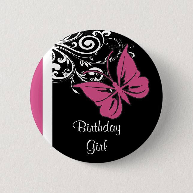Personalized Butterfly Swirls Cranberry Pink Pinback Button (Front)