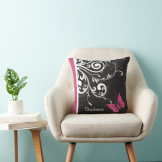 Personalized Butterfly Swirls Cranberry Pink Throw Pillow