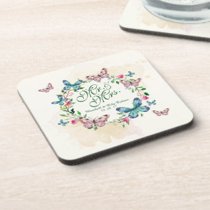 Personalized Butterfly Wreath Wedding Coaster