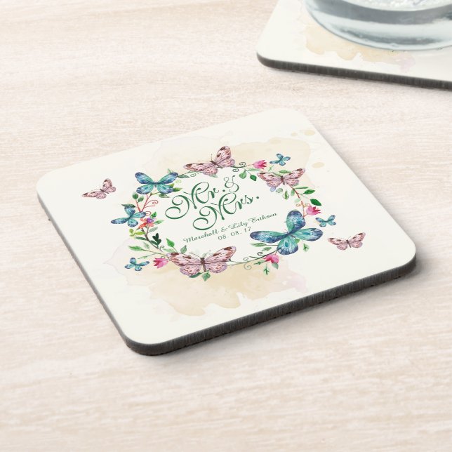 Personalized Butterfly Wreath Wedding | Coaster (Left Side)