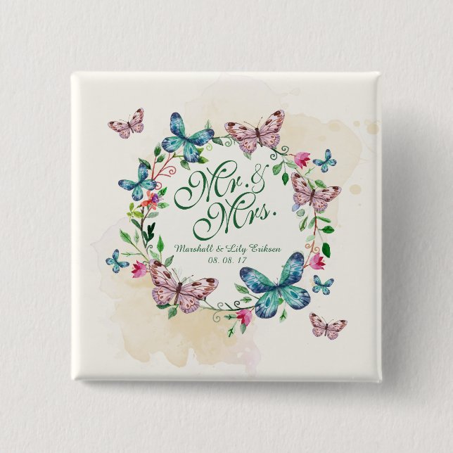 Personalized Butterfly Wreath Wedding Pin Button (Front)