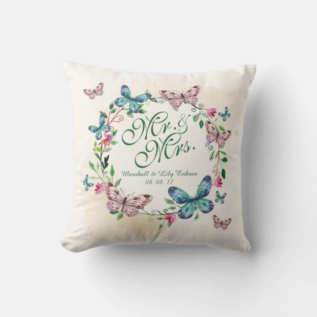 Personalized Butterfly Wreath Wedding Throw Pillow (Front)