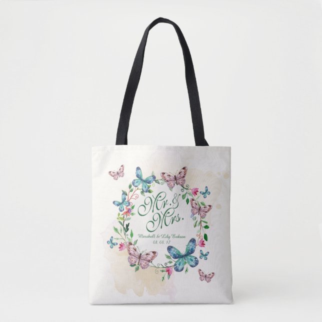 Personalized Butterfly Wreath Wedding Tote Bag (Front)