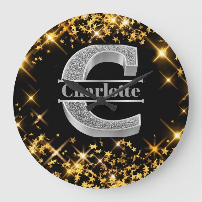 Personalized C Initial Silver Monogram Your Name Large Clock (Front)