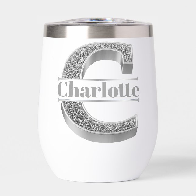 Personalized C Initial Silver Monogram Your Name Thermal Wine Tumbler (Front)