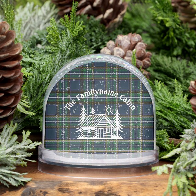 Personalized Cabin Snow Globe with Green Tartan  (Winter)