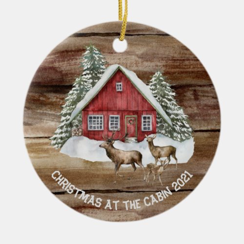 Personalized Cabin Woods Watercolor Christmas Ceramic Ornament