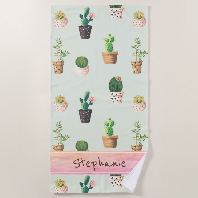 Personalized Cactus Print Beach Towel (Front)