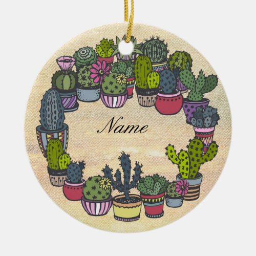 Personalized Cactus Wreath Ceramic Ornament