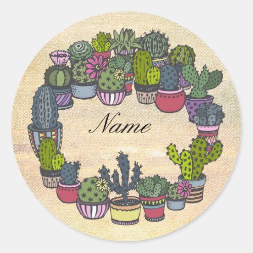 Personalized Cactus Wreath Classic Round Sticker