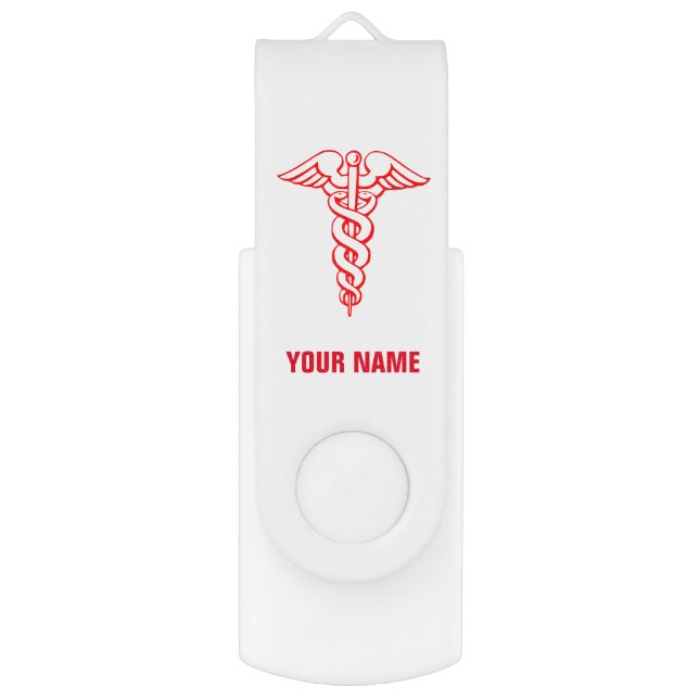 Personalized caduceus symbol USB pen flash drive (Front Vertical)