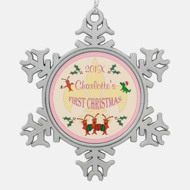 Personalized Cajun Baby Girl First Christmas Snowflake Pewter Christmas Ornament (Front)