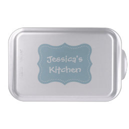 Personalized cake pan with turquoise baking label