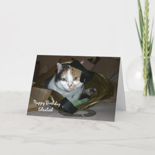 Personalized Calico cat in a shopping bag Birthday Card