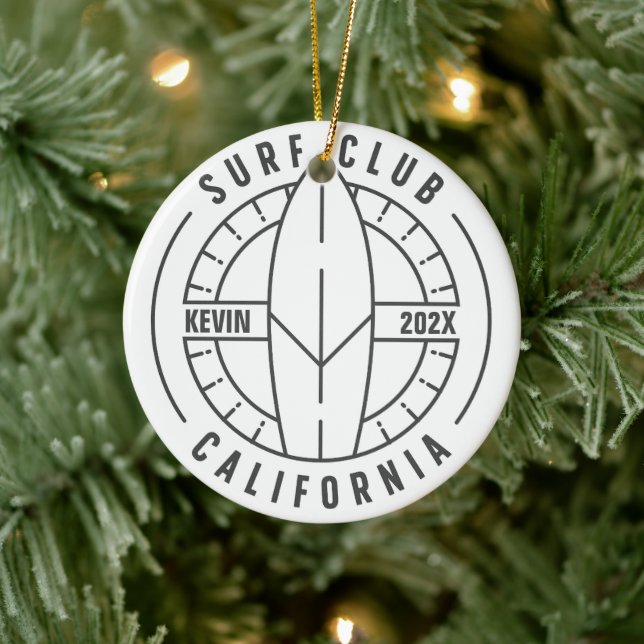 Personalized California Surf Club Christmas Ceramic Ornament (Tree)