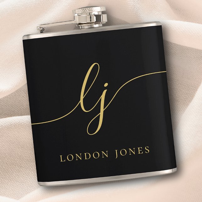 Personalized Calligraphy Black Gold Bachelorette Flask (Creator Uploaded)