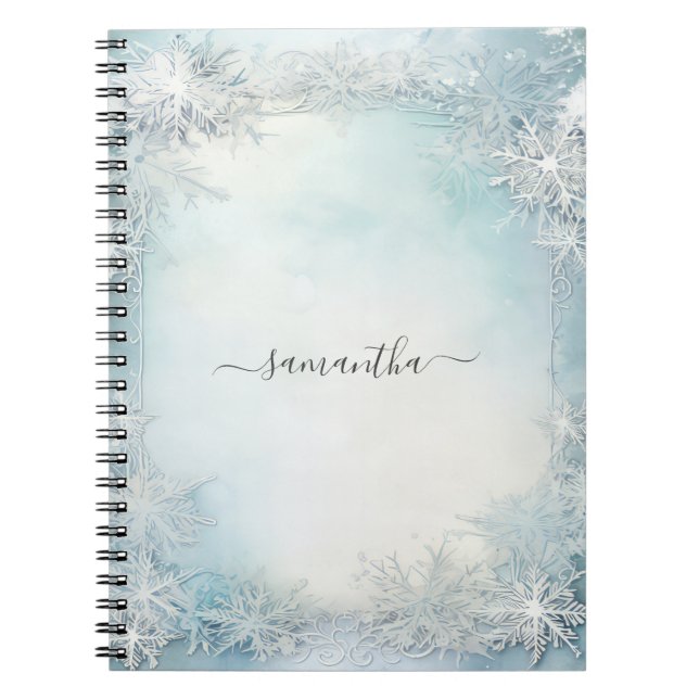 Personalized Calligraphy Blue White Snowflake Notebook (Front)